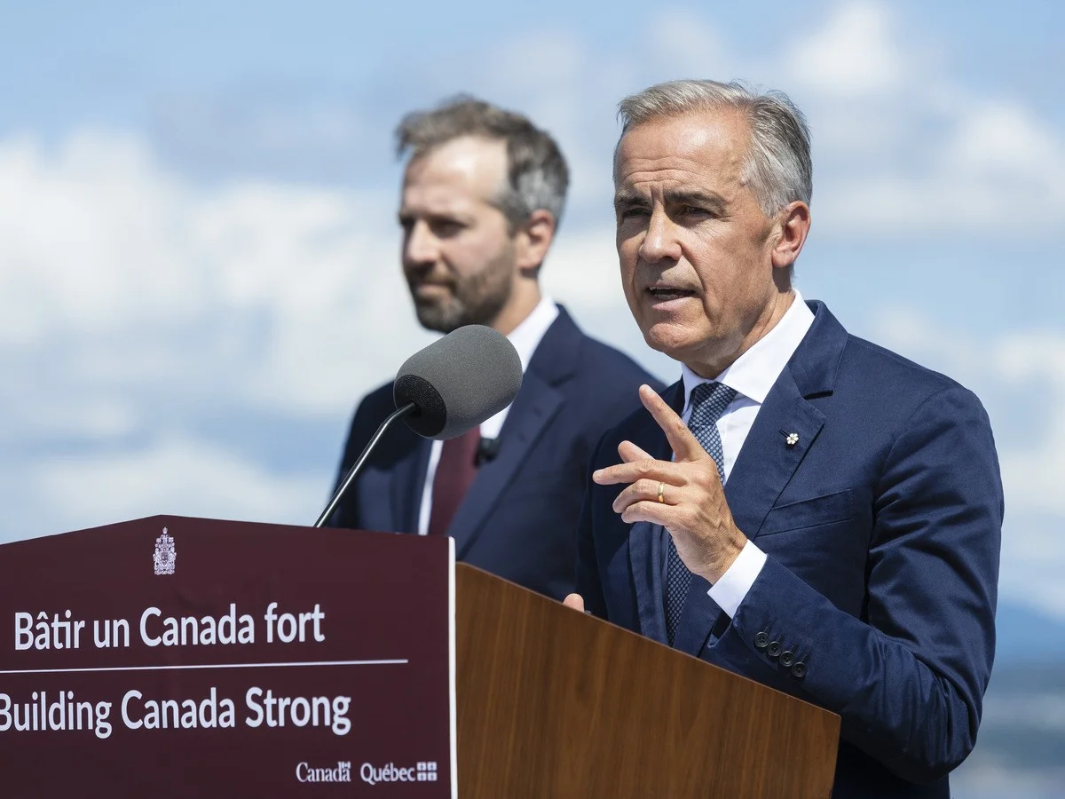 Prime Minister Mark Carney talks during a press conference at the Davie Shipyard in Levis, Que., Aug. 24, 2026.