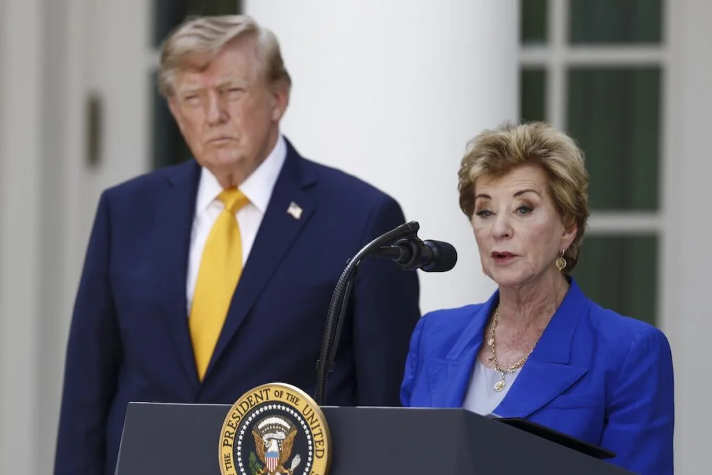 Secretary of Education Linda McMahon, with US President Donald Trump, delivers remarks during an education event in the Rose Garden of the White House in Washington DC, USA, 24 August 2026. President Trump and Secretary McMahon highlighted the administration’s school choice program as the new academic year begins.