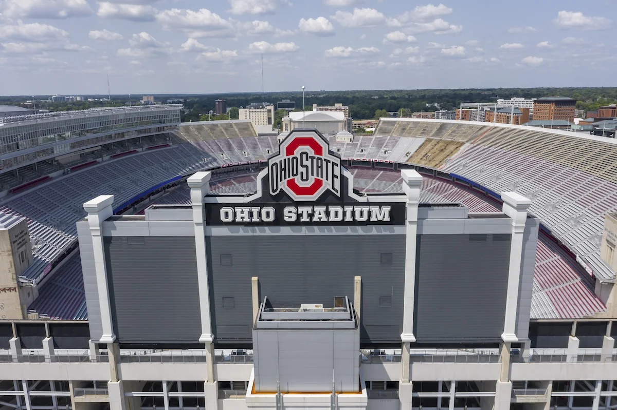 Columbus, Ohio, USA: Aerial view of Ohio Stadium, also known as the Horseshoe, the Shoe, and the House That Harley Built, is an American football stadium in Columbus, Ohio, on the campus of The Ohio State University.